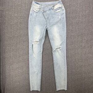Jeans Light Wash Distressed Crossover Waist Skinny Jeans Size M High Rise Rip
